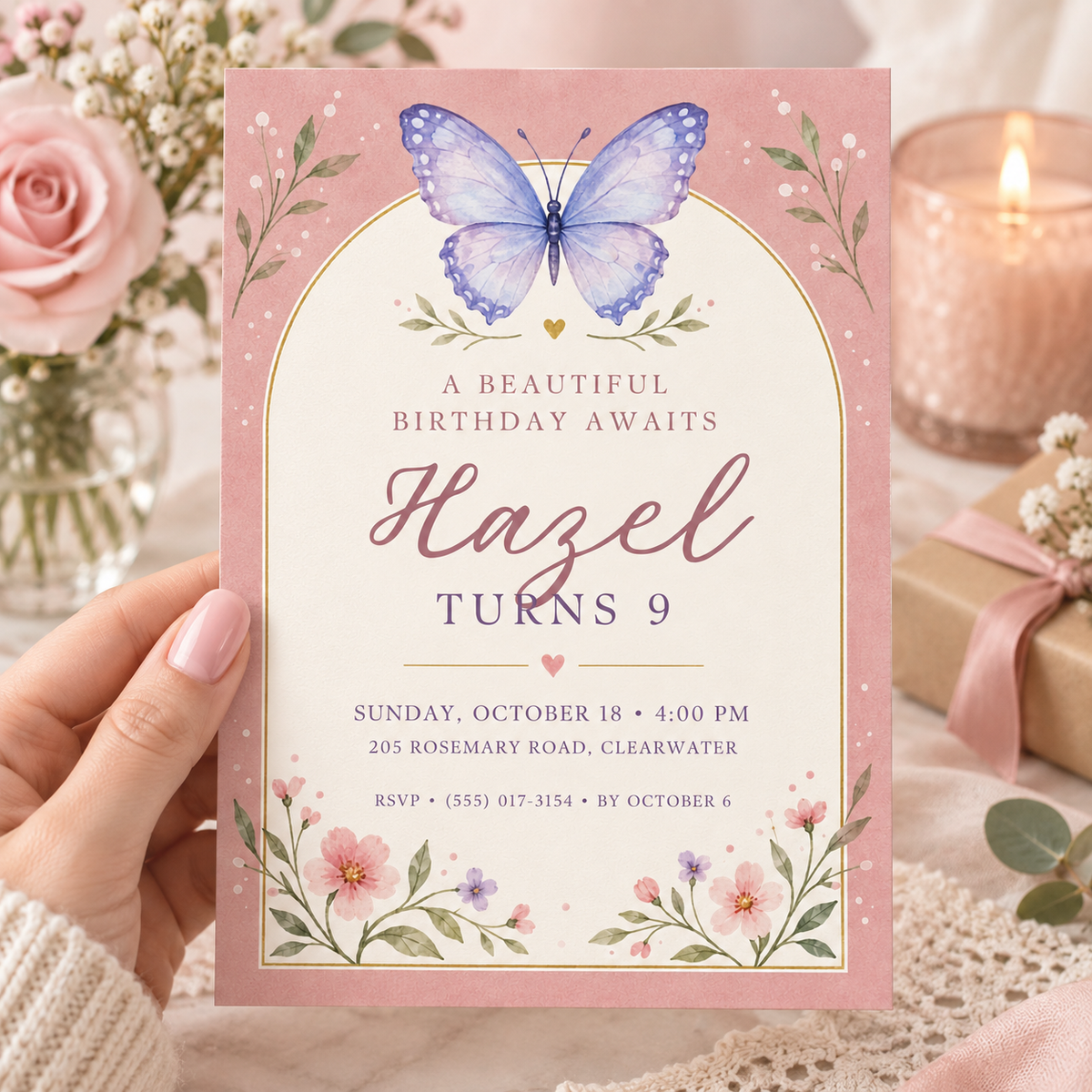 Hand holding a dusty pink arch birthday invitation with a lilac butterfly and wildflowers