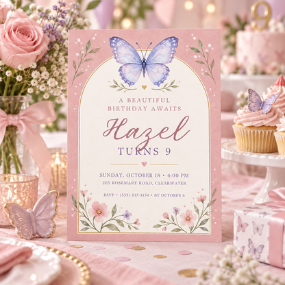 Dusty pink butterfly invitation on a party table beside cupcakes and roses