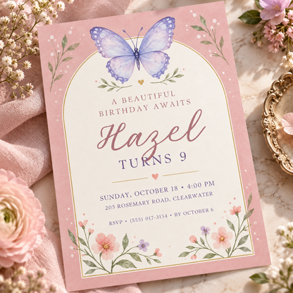 Pink arch butterfly birthday invitation angled on pink fabric