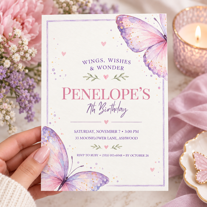 Hand holding a cream butterfly birthday invitation with a lilac border and large pastel butterflies