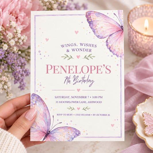 Hand holding a cream butterfly birthday invitation with a lilac border and large pastel butterflies