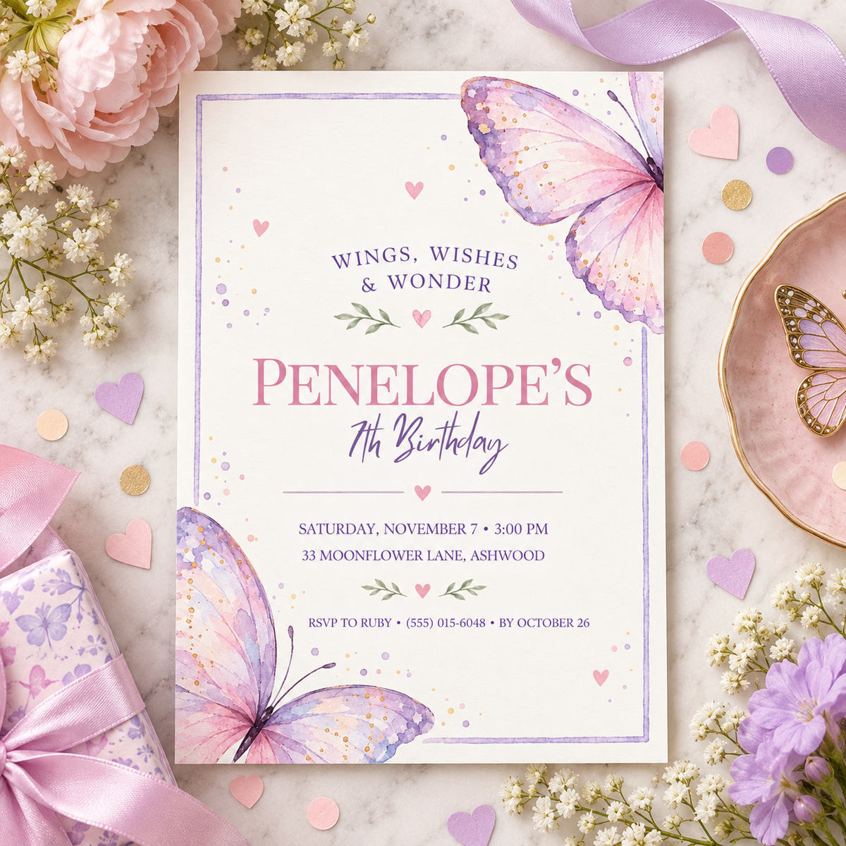 Wings wishes and wonder invitation on a flat lay with pink and lilac flowers