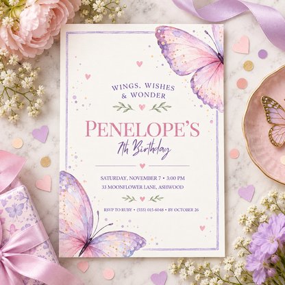 Wings wishes and wonder invitation on a flat lay with pink and lilac flowers