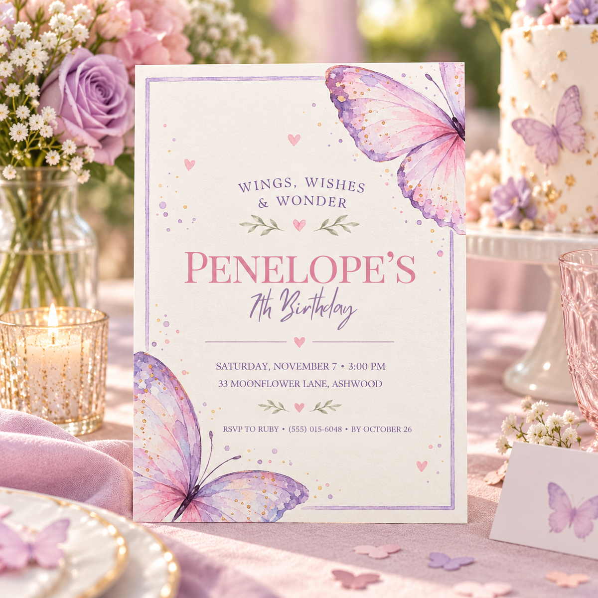 Pink and lilac butterfly invitation on a party table with candles and petals