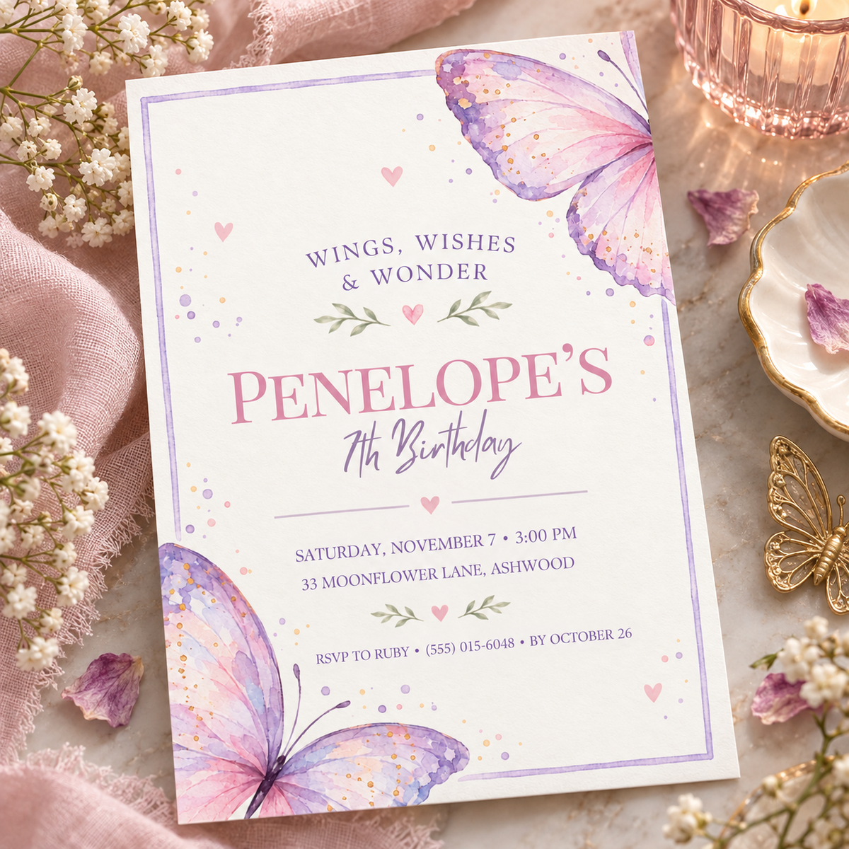 Butterfly birthday invitation angled on soft lilac fabric