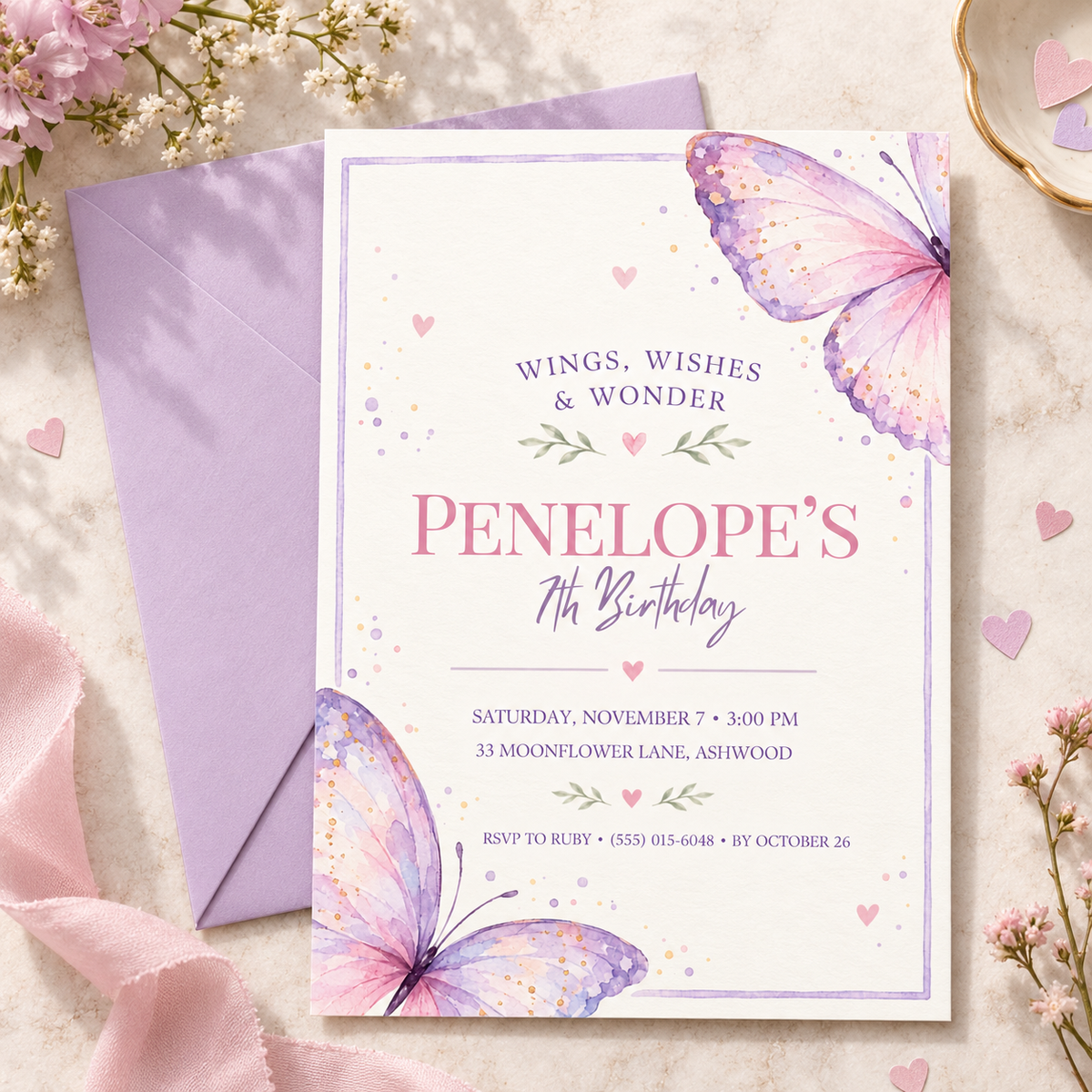 Lilac framed butterfly invitation beside a lilac envelope and flowers
