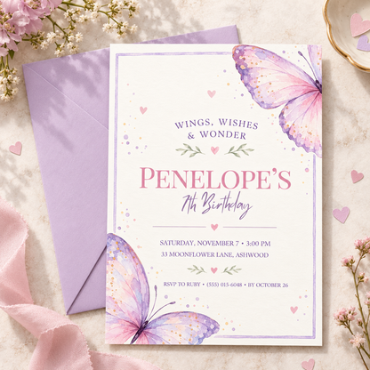 Lilac framed butterfly invitation beside a lilac envelope and flowers