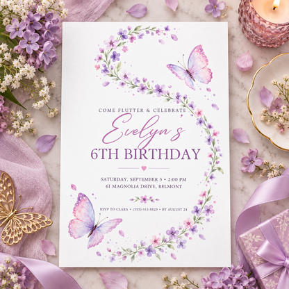 Lavender butterfly invitation on a flat lay with lilac flowers and ribbon