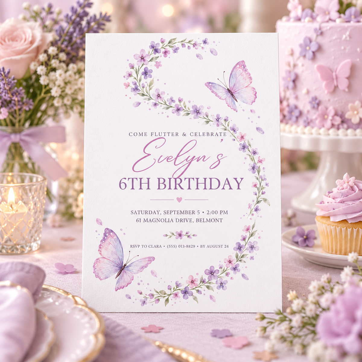 Purple floral butterfly invitation on a party table beside a cupcake and candles