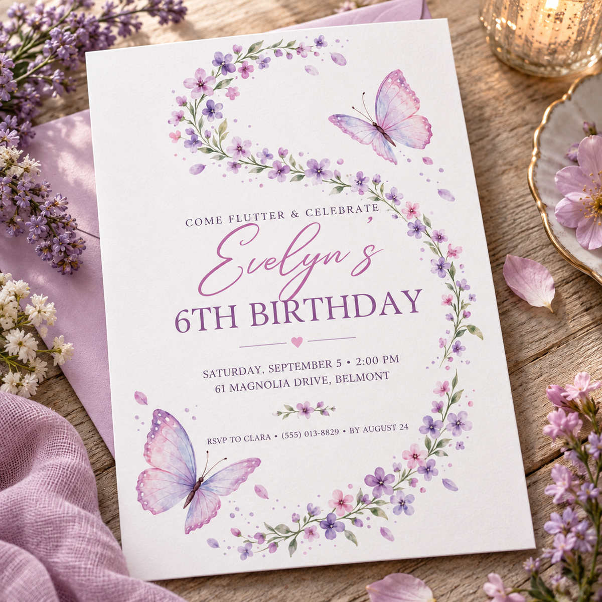 Lavender wreath birthday invitation angled on lilac fabric