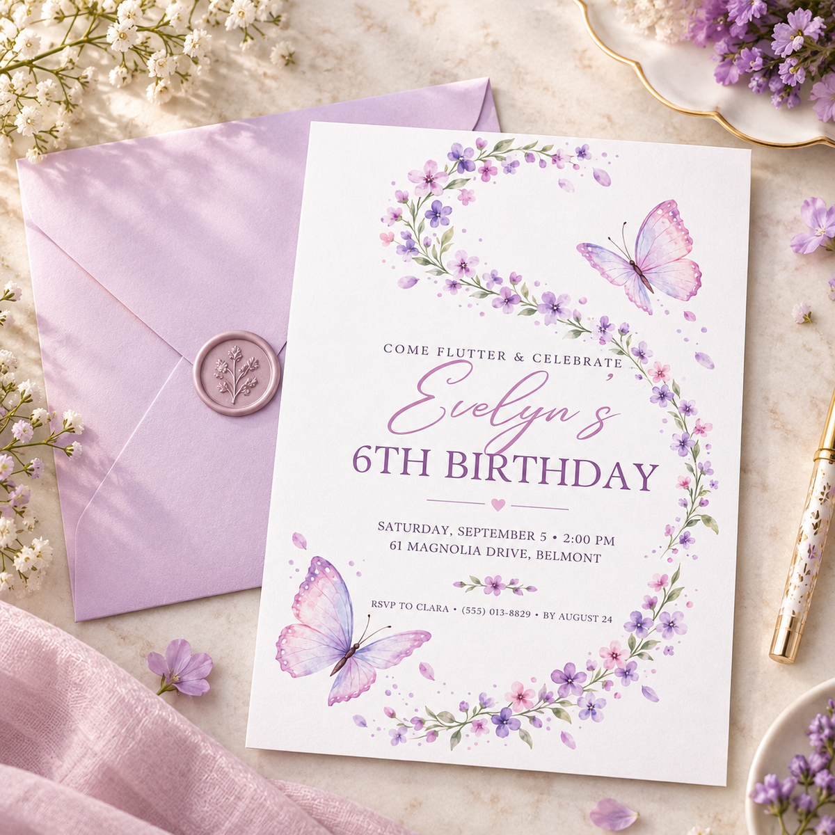 Lavender butterfly invitation beside a lilac envelope with a wax seal