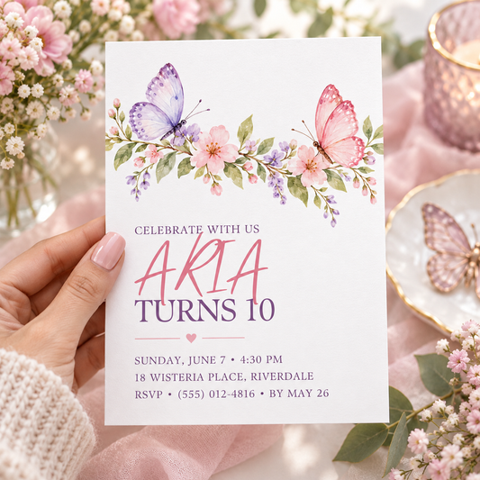 Hand holding a white birthday invitation with a pink floral garland and two butterflies