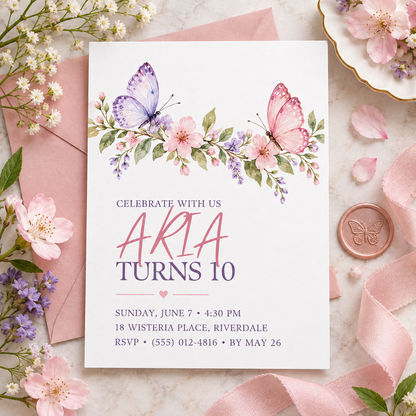 Floral garland butterfly invitation on a flat lay with a pink wax seal