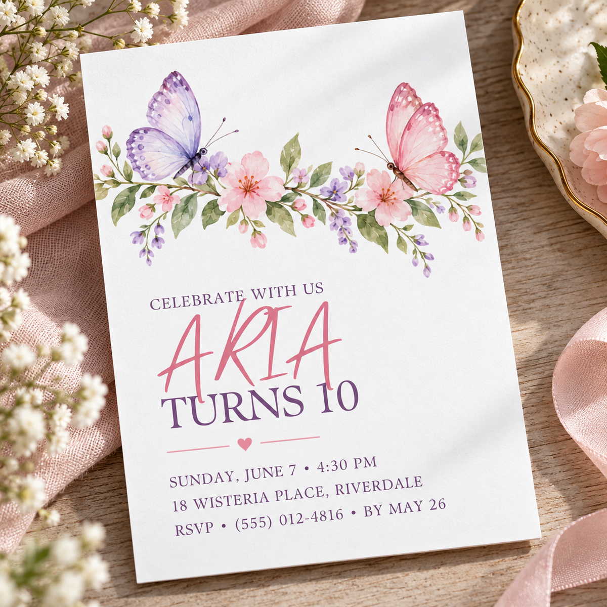 White floral butterfly invitation angled on a cream surface with flowers