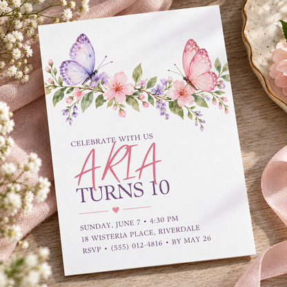 White floral butterfly invitation angled on a cream surface with flowers
