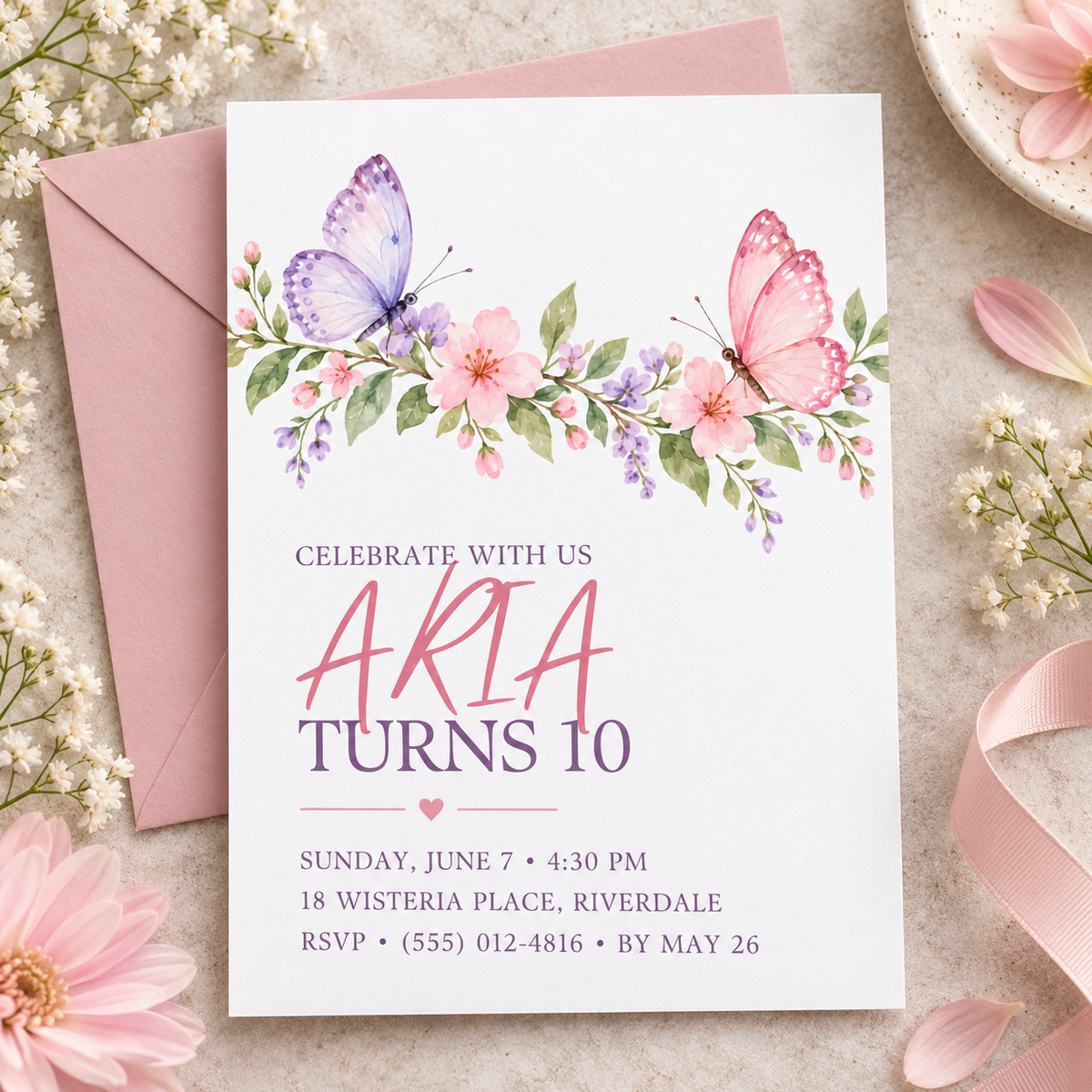 Floral garland butterfly invitation next to a pink envelope and roses