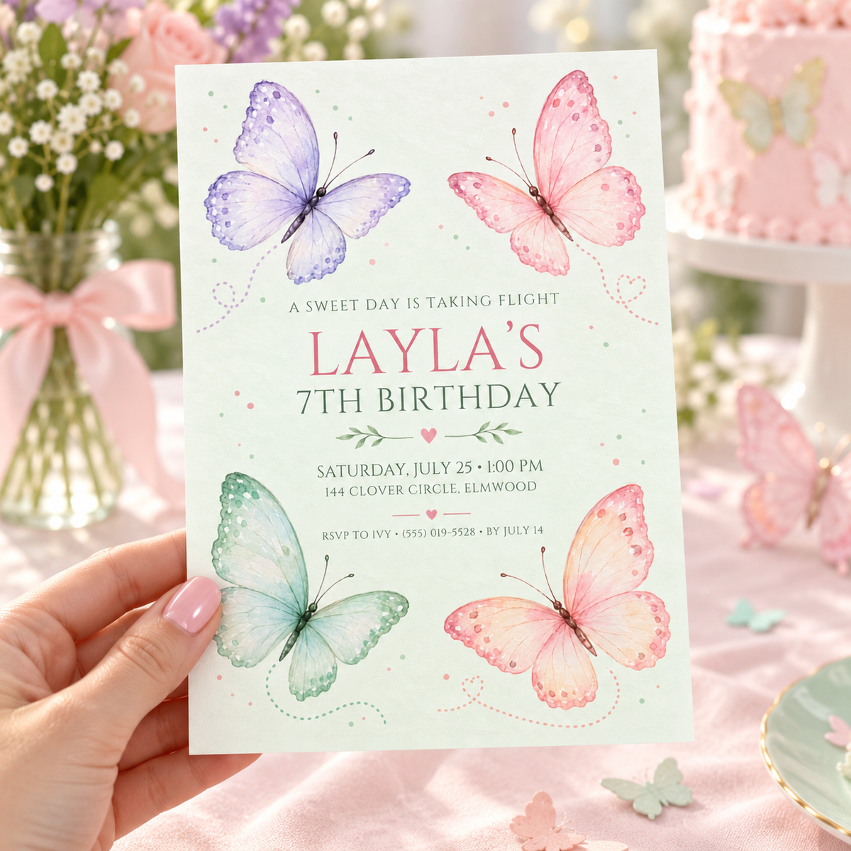 Hand holding a pale mint birthday invitation with lilac, pink and mint watercolor butterflies