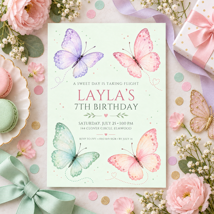 Mint butterfly invitation on a flat lay with a mint ribbon bow and pink roses