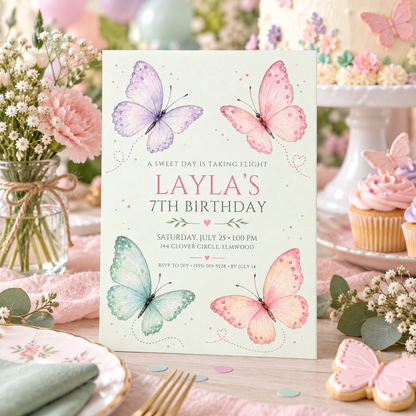 Pastel butterfly invitation on a party table with cupcakes and pink flowers