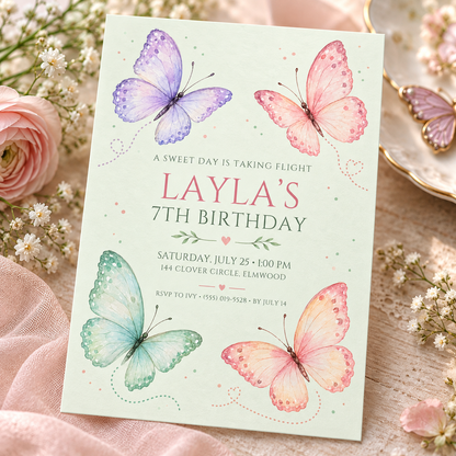 Mint and pink butterfly birthday invitation angled on soft pastel fabric