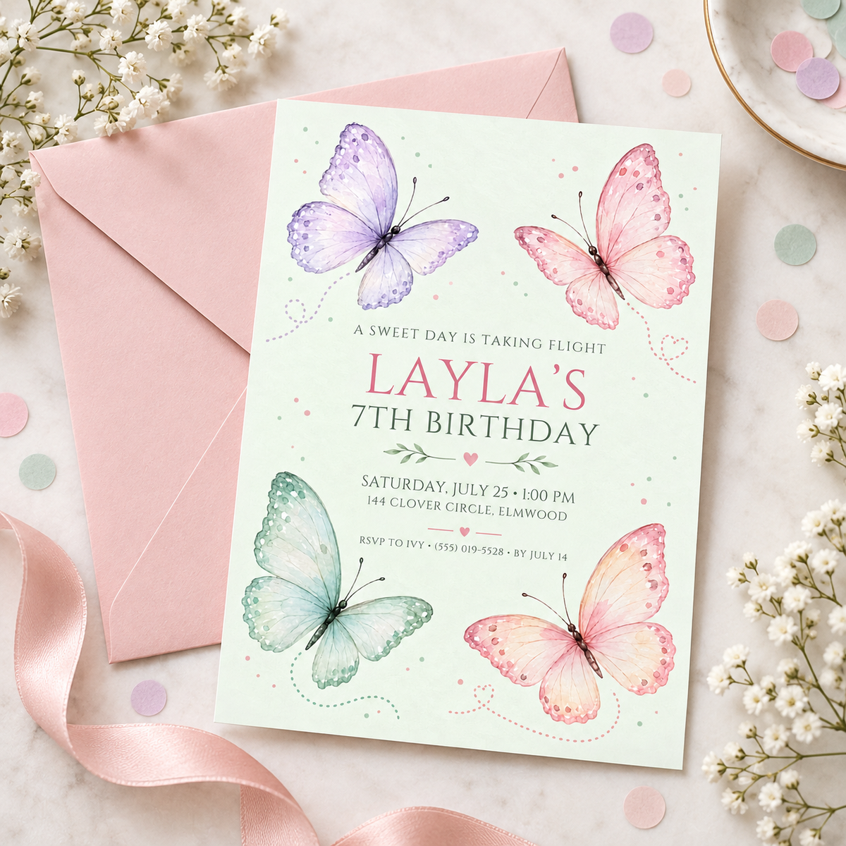 Pastel butterfly invitation beside a pink envelope and baby's breath