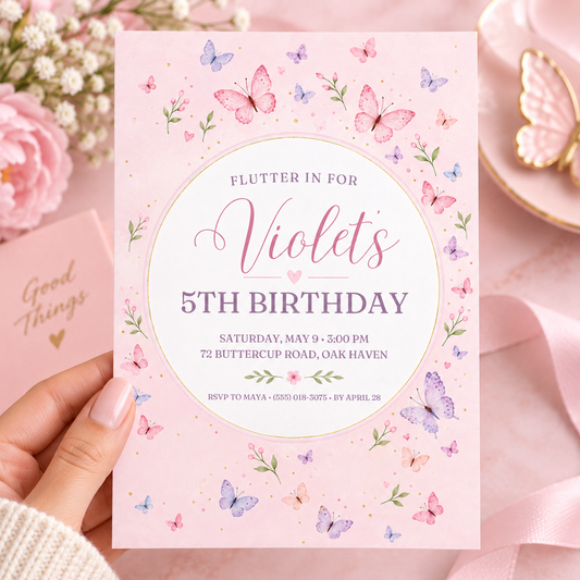 Hand holding a blush pink butterfly birthday invitation with a white gold-rimmed circle