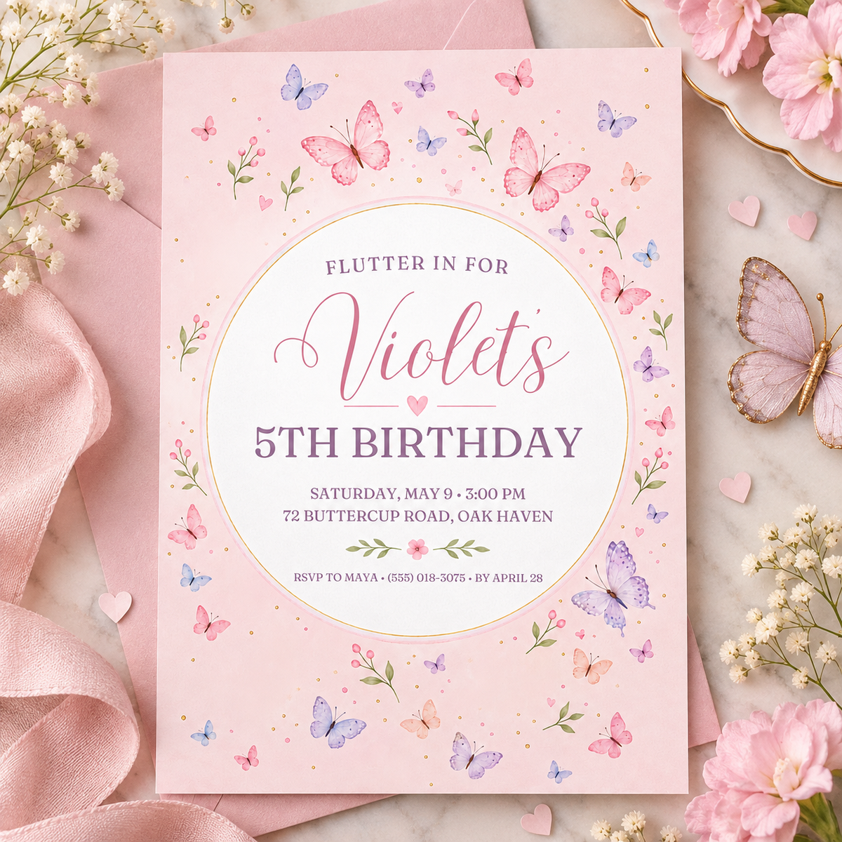 Pink flutter in invitation on a flat lay with pink roses, ribbon and baby's breath