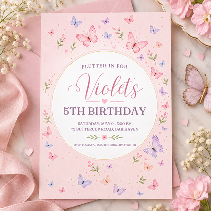 Pink flutter in invitation on a flat lay with pink roses, ribbon and baby's breath
