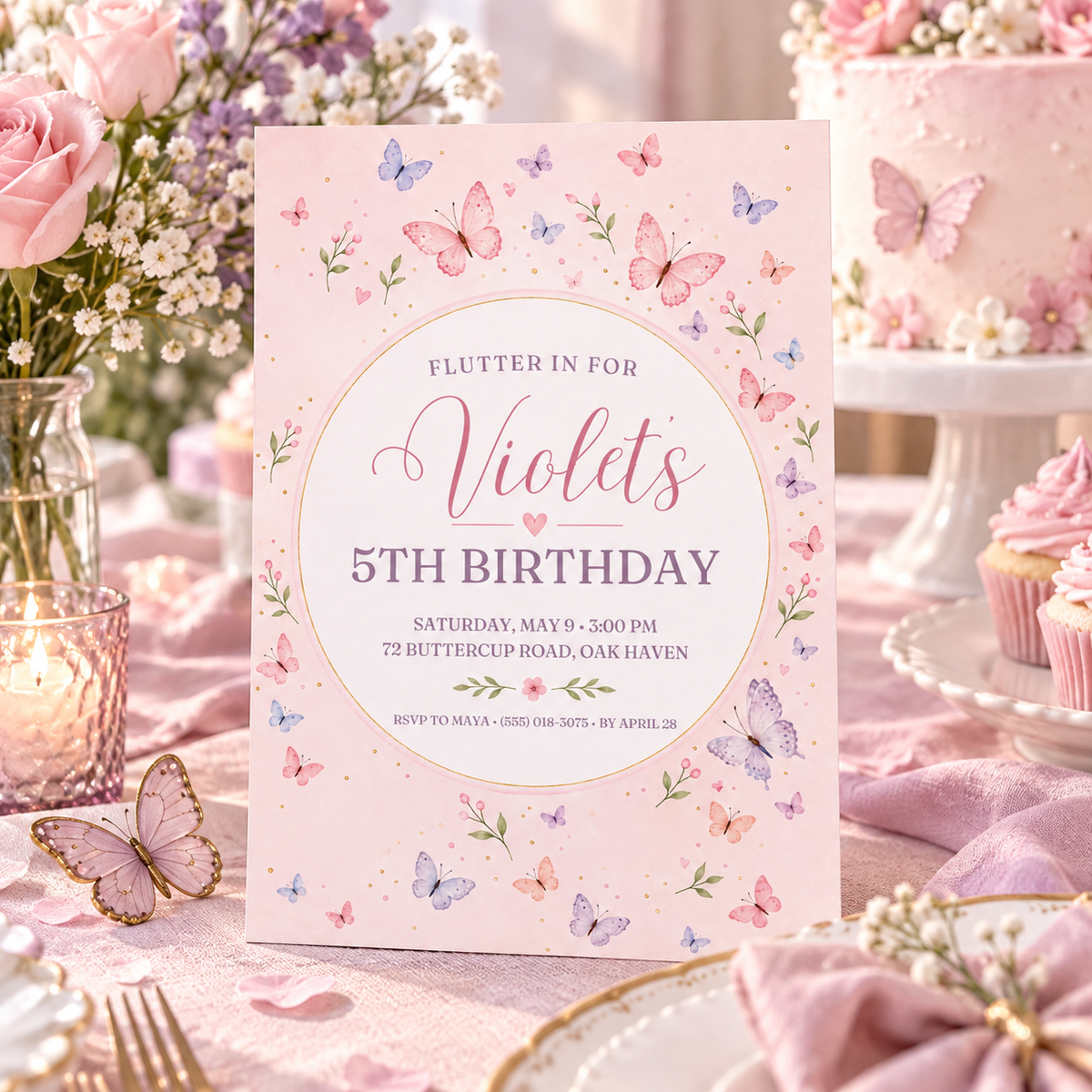 Blush butterfly birthday invitation on a party table with florals and pink decor