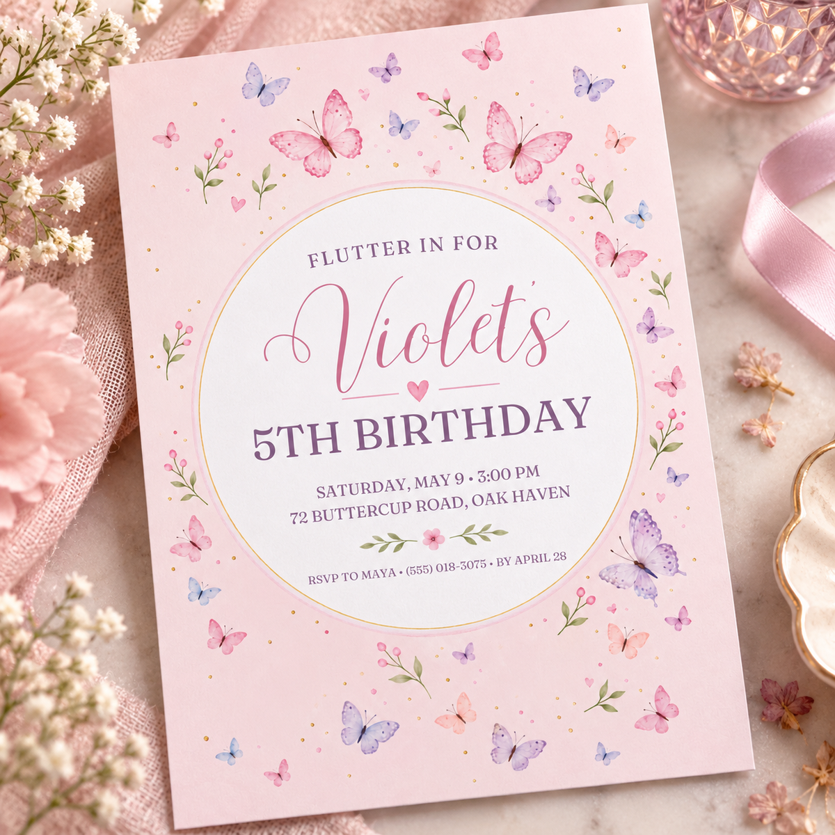 Pink butterfly circle invitation angled on soft pink fabric