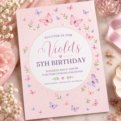 Pink butterfly circle invitation angled on soft pink fabric