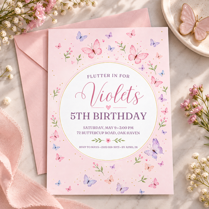 Blush pink butterfly invitation beside a matching pink envelope and flowers