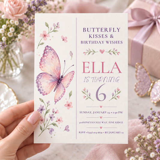 Hand holding an ivory butterfly kisses birthday invitation with a lilac watercolor butterfly