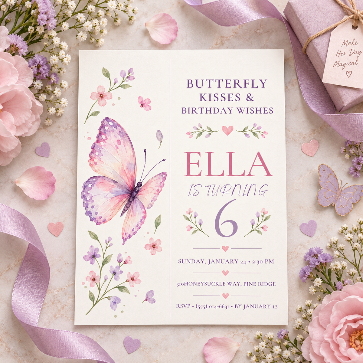 Butterfly kisses invitation on a flat lay with lilac ribbon, pink roses and petals