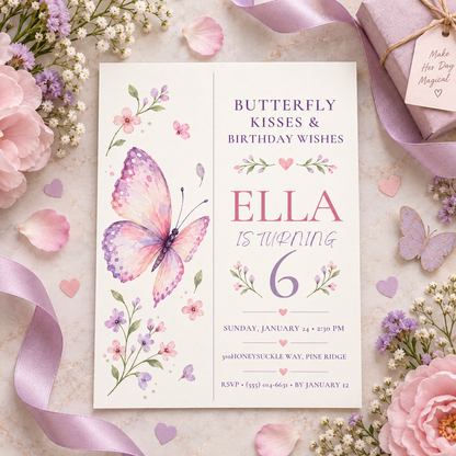 Butterfly kisses invitation on a flat lay with lilac ribbon, pink roses and petals