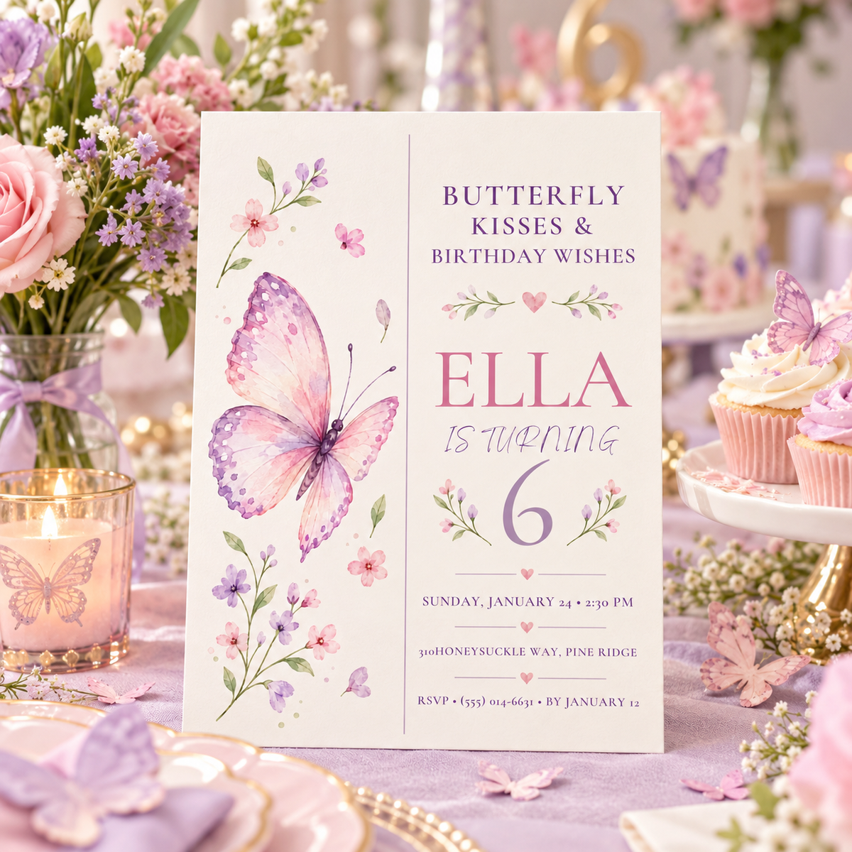 Lilac butterfly birthday invitation on a party table with candles and flowers