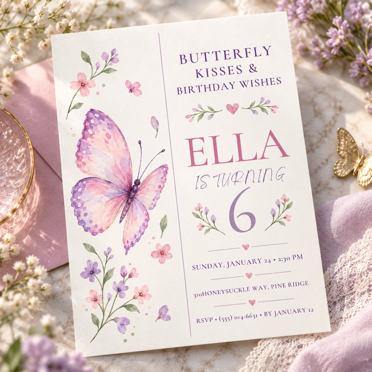 Ivory butterfly birthday invitation angled on pink fabric beside baby's breath