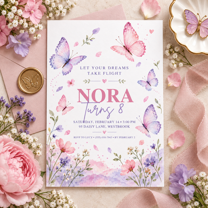 Butterfly meadow invitation on pink linen beside an envelope with a gold wax seal