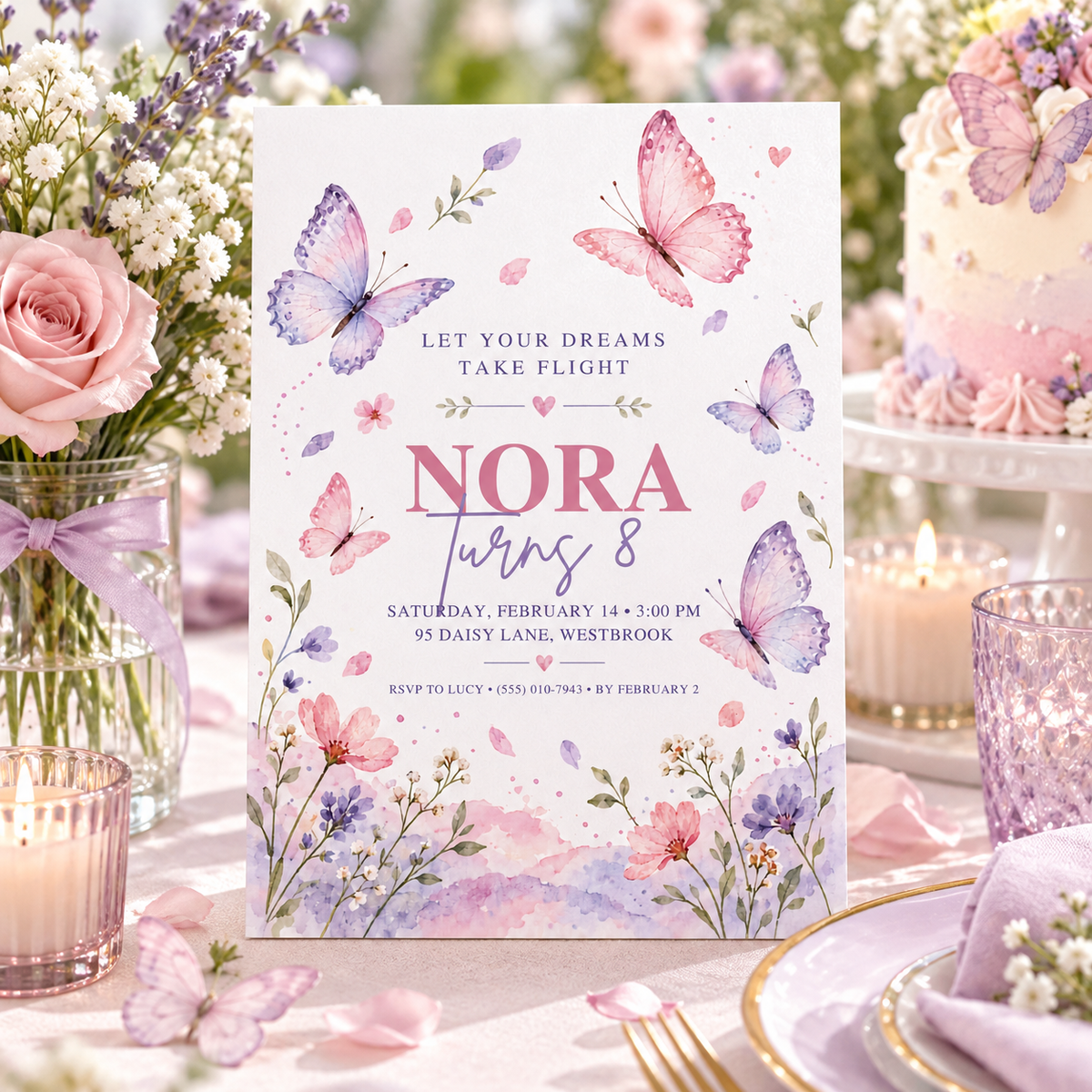 Dreams take flight invitation on a party table with a butterfly cake and roses