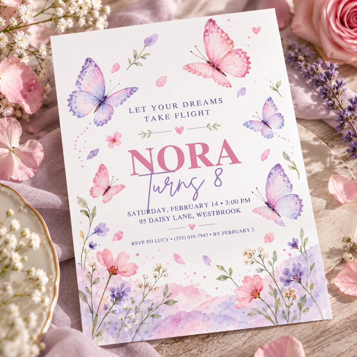Pink and lilac butterfly invitation angled on pink fabric beside lavender