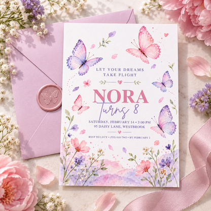 Butterfly birthday invitation next to a lilac envelope with a pink wax seal