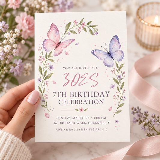 Hand holding an ivory birthday invitation with a wildflower arch and pink and blue butterflies
