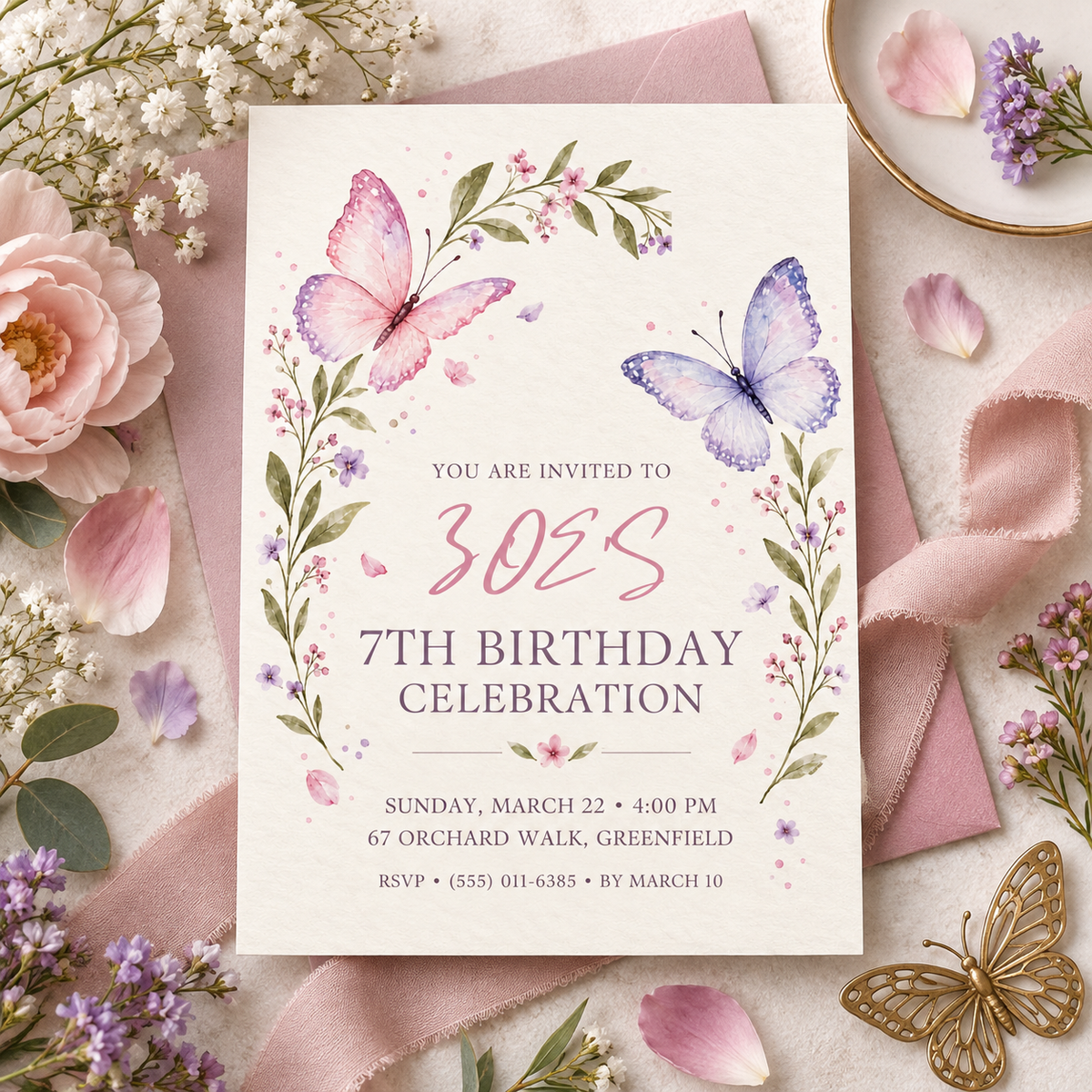 Butterfly wildflower invitation on a pink envelope with roses and a gold butterfly