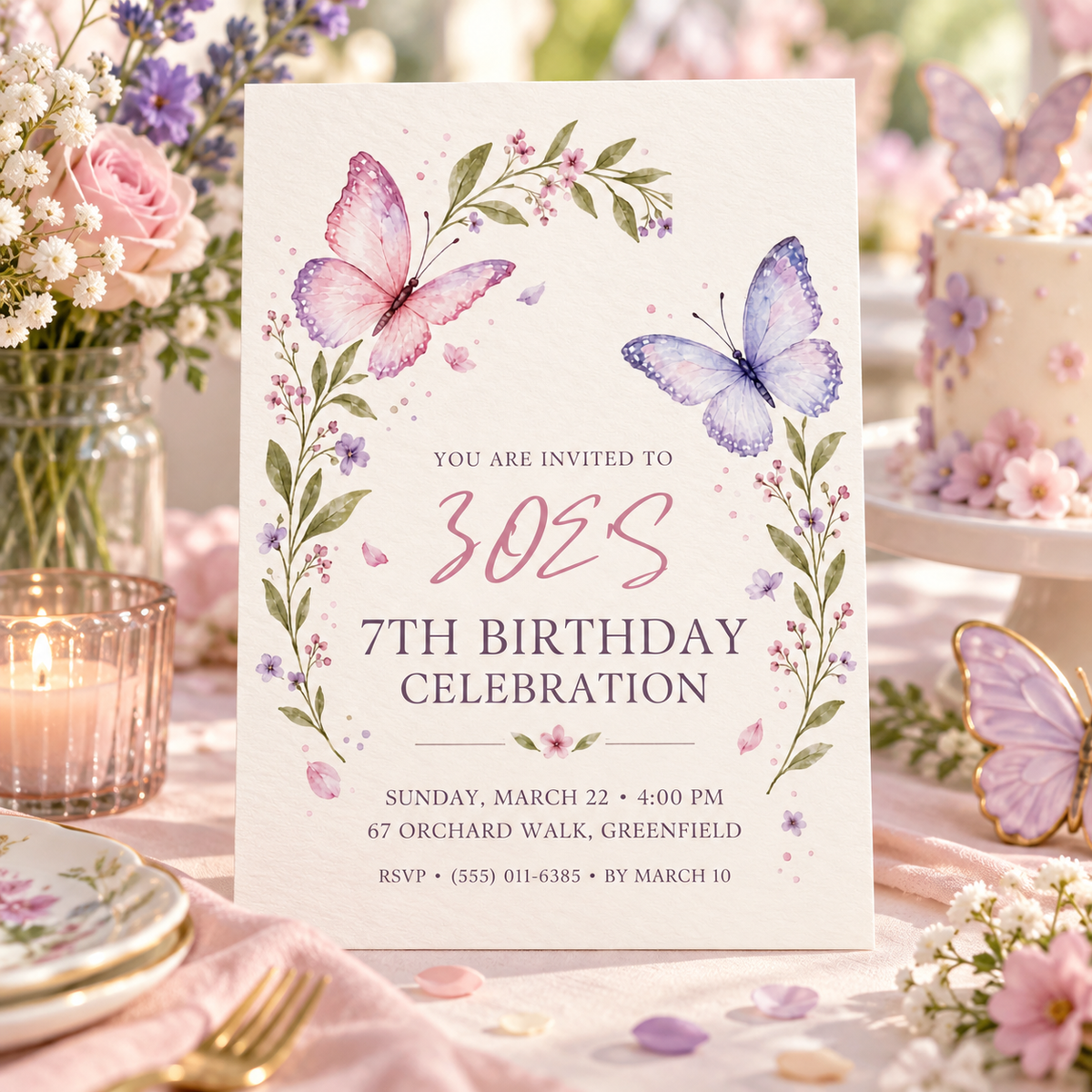 Wildflower butterfly invitation on a party table beside a floral cake and candle