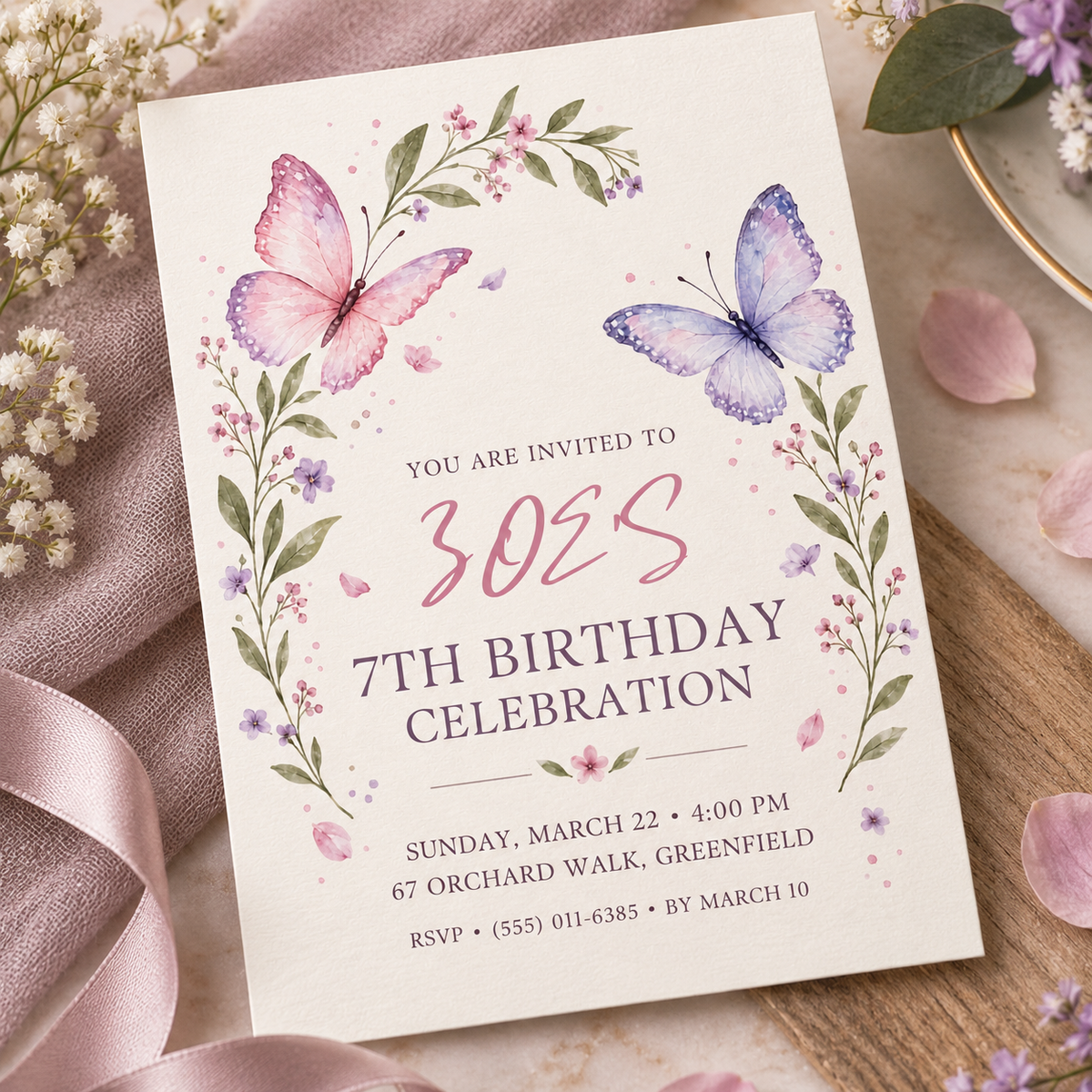 Pink and blue butterfly invitation angled on a wooden board with pink ribbon