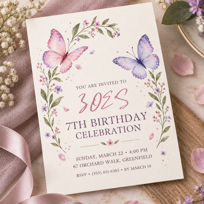 Pink and blue butterfly invitation angled on a wooden board with pink ribbon