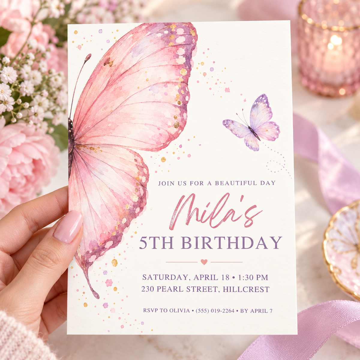 Hand holding an ivory invitation with a large pink watercolor butterfly wing and gold flecks