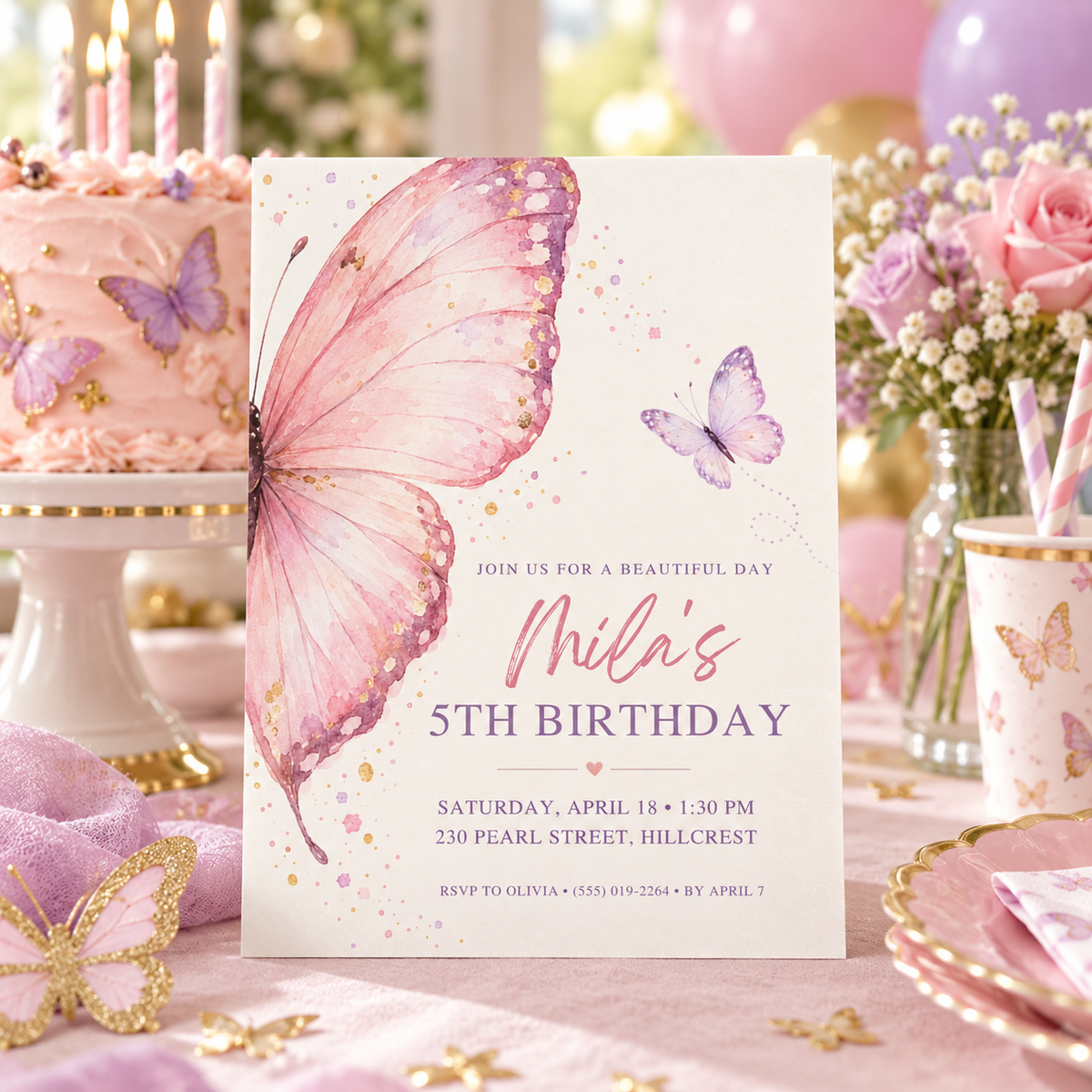 Pink butterfly wing birthday invitation on a party table with a pink cake