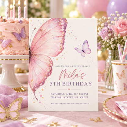 Pink butterfly wing birthday invitation on a party table with a pink cake