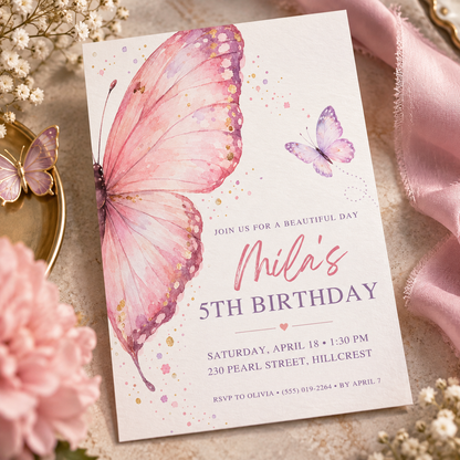 Pink butterfly invitation angled on cream fabric beside a gold butterfly dish